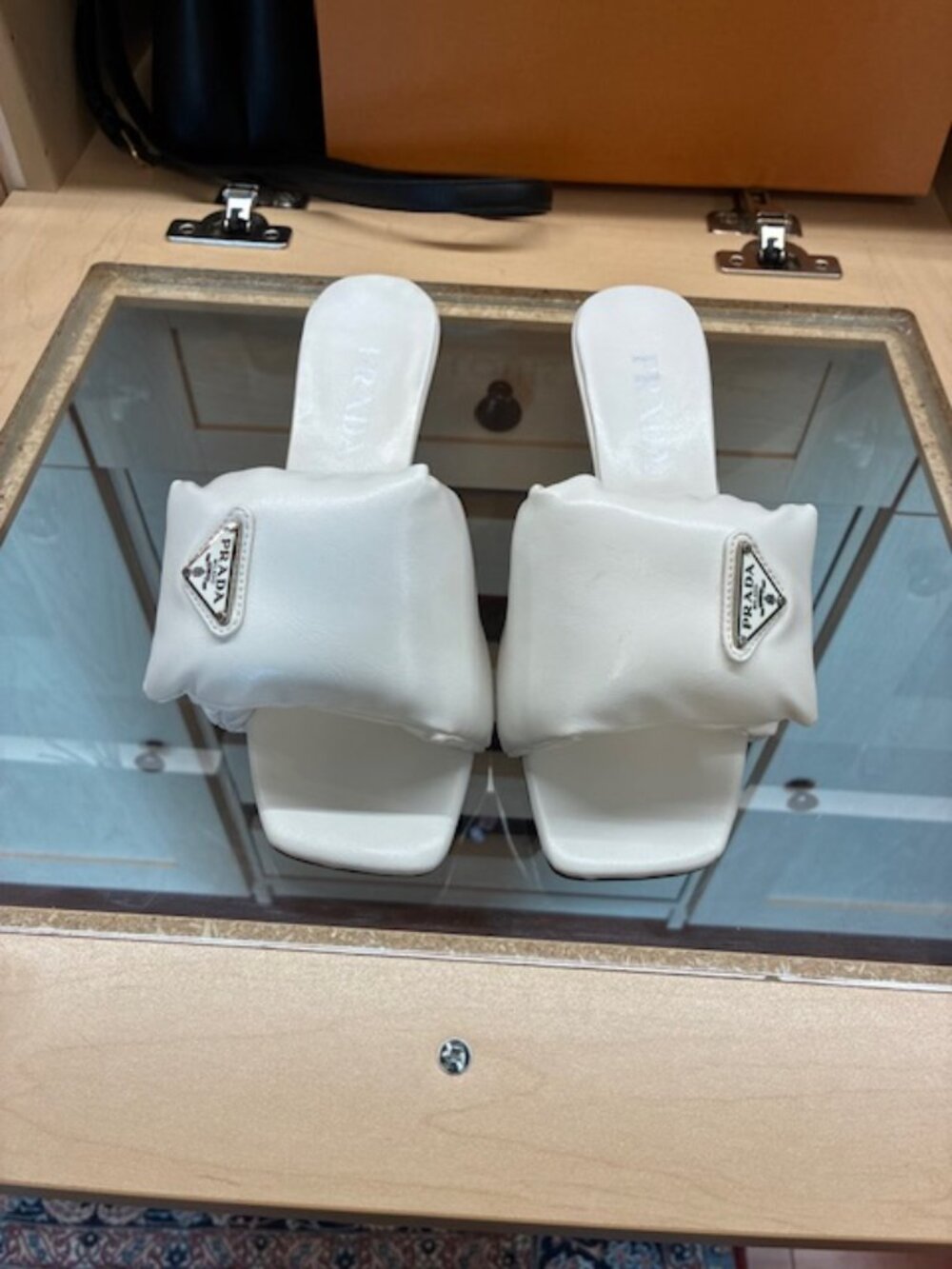 Prada White Enameled Metal Triangle Leather Size 37 Slides - Picture 2 of 7